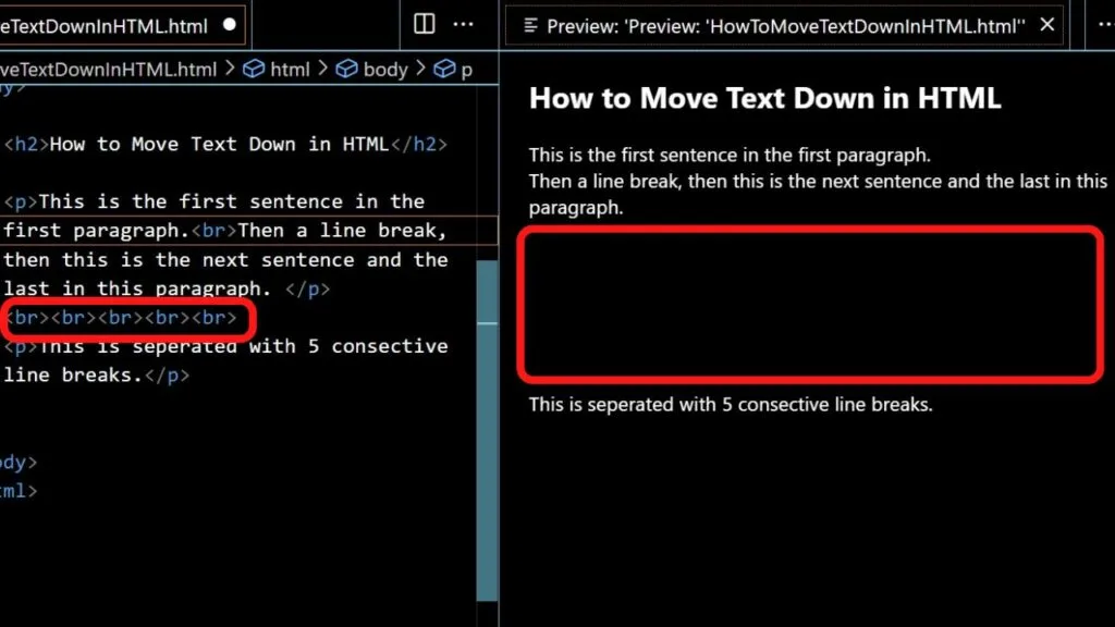 how to move text down a line in html