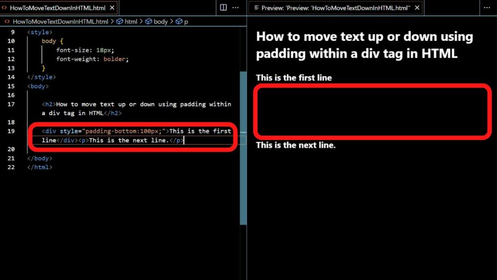 How to move text up or down using padding within a div tag in html